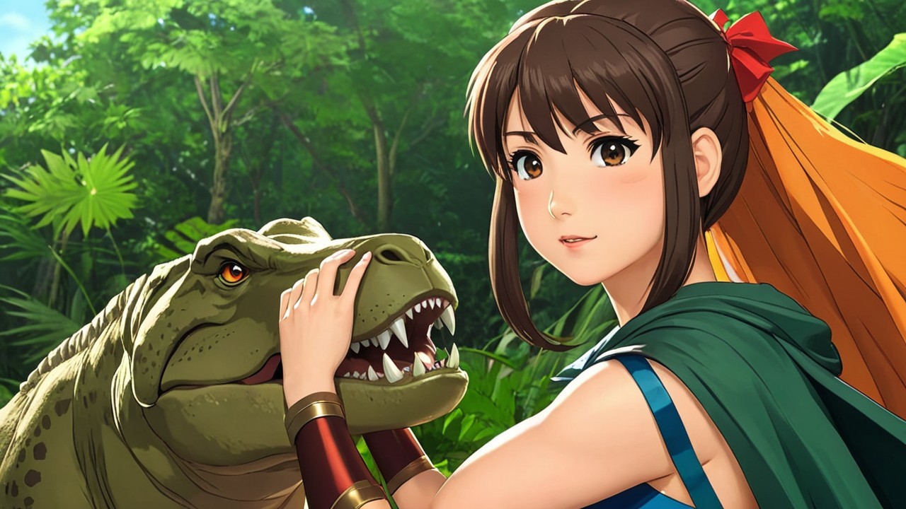 Young Woman and Dinosaur in Lush Jungle Setting