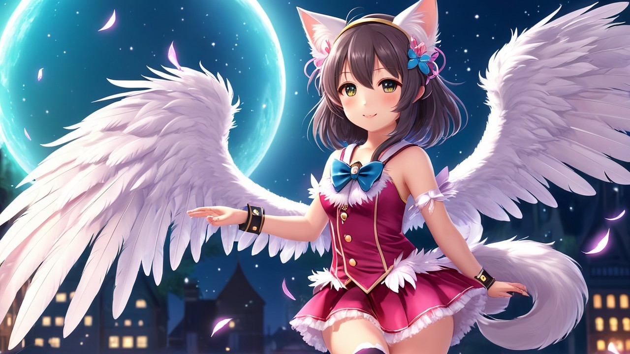 Anime Character with Cat Ears and Wings Under Moonlight