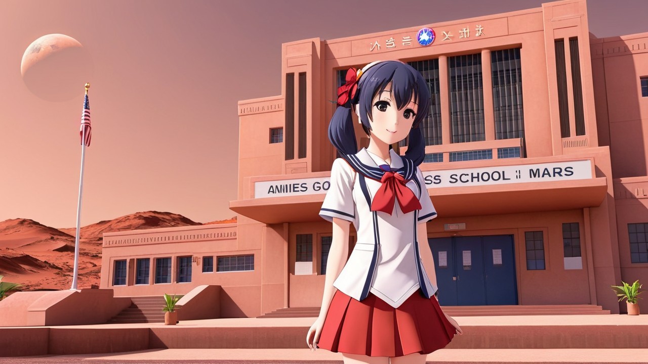 Cheerful Anime Girl at Futuristic Mars School