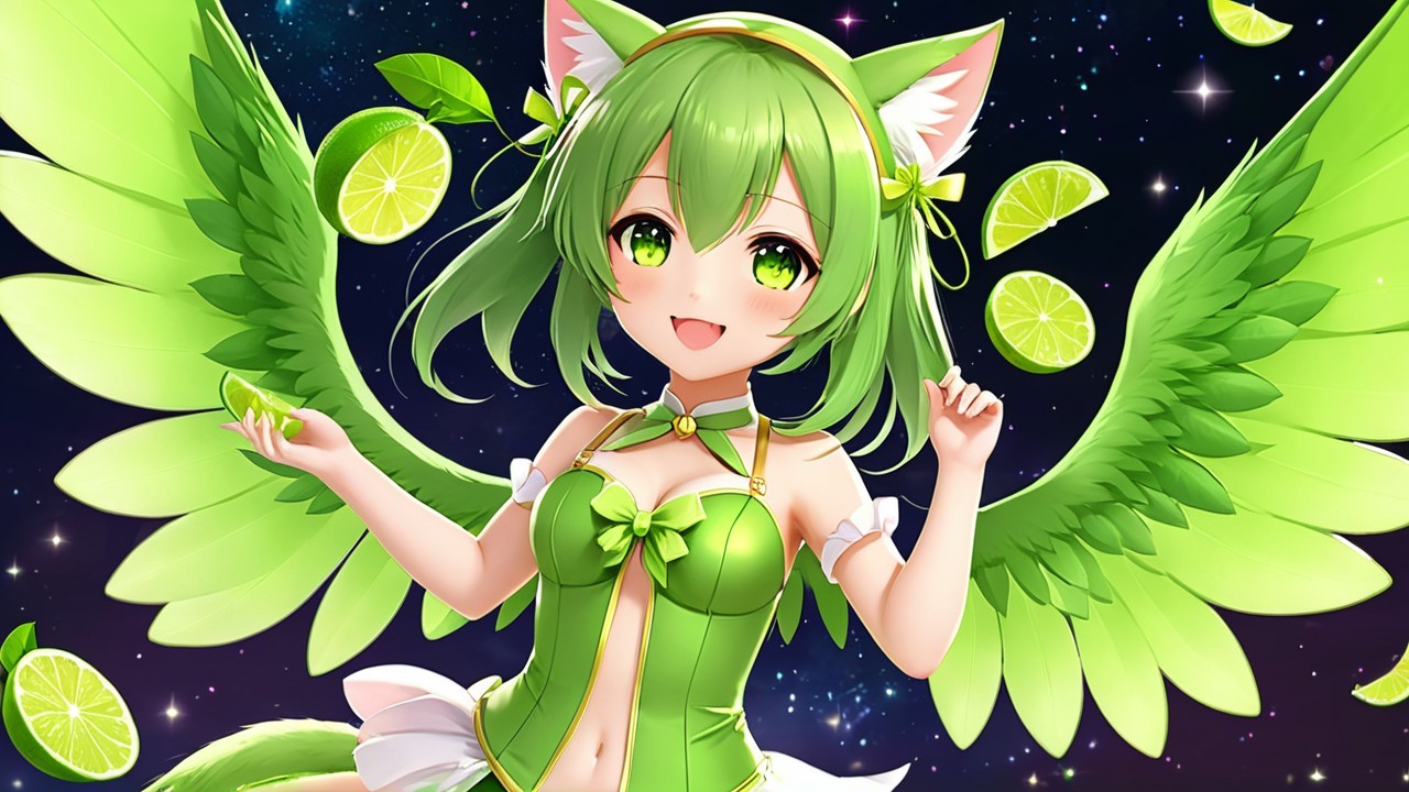 Cheerful Anime Character with Green Hair and Lime Theme