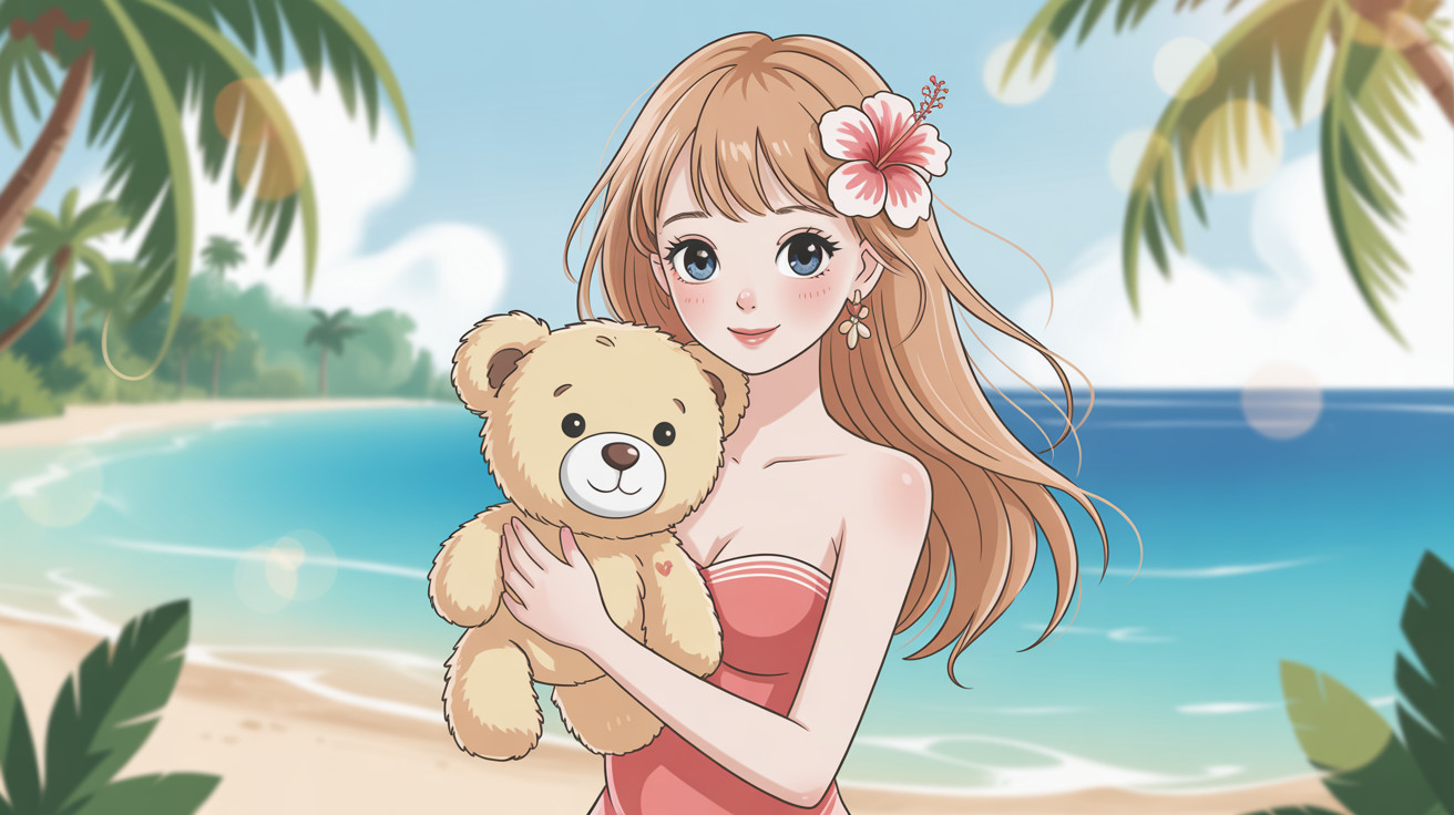 Anime-style digital painting of a woman on the beach