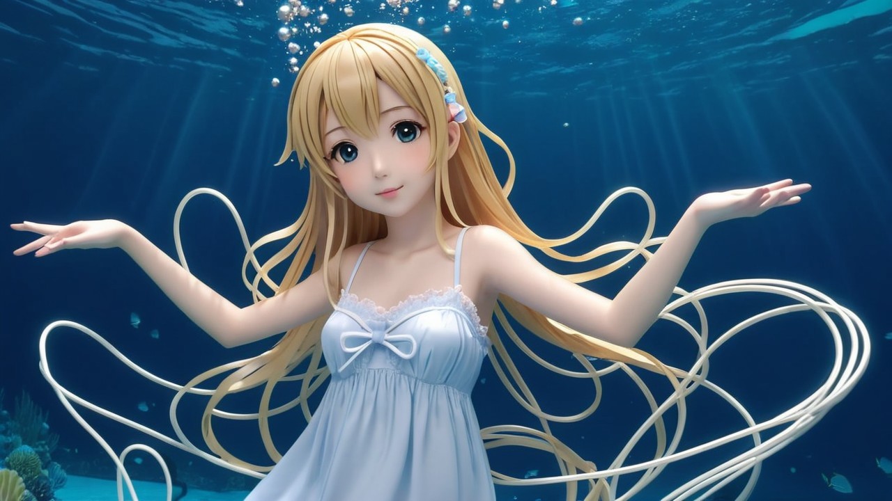 Anime girl with blonde hair swimming underwater