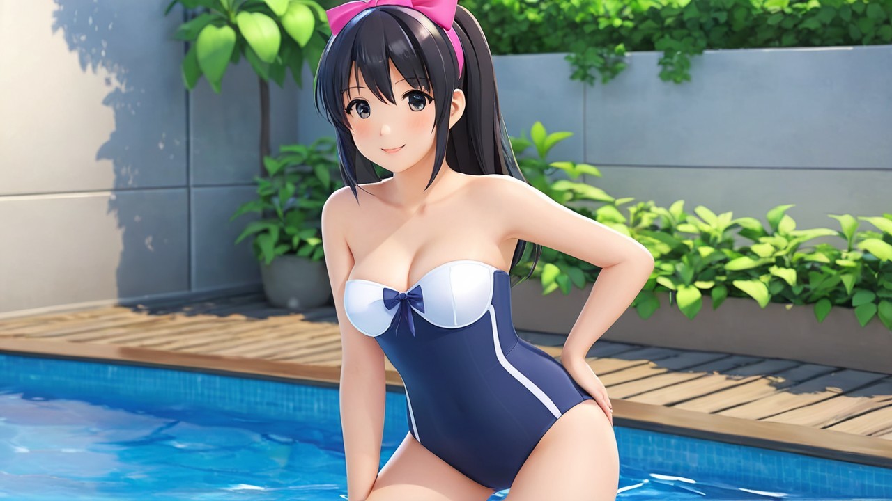 Young woman in navy swimsuit by poolside greenery