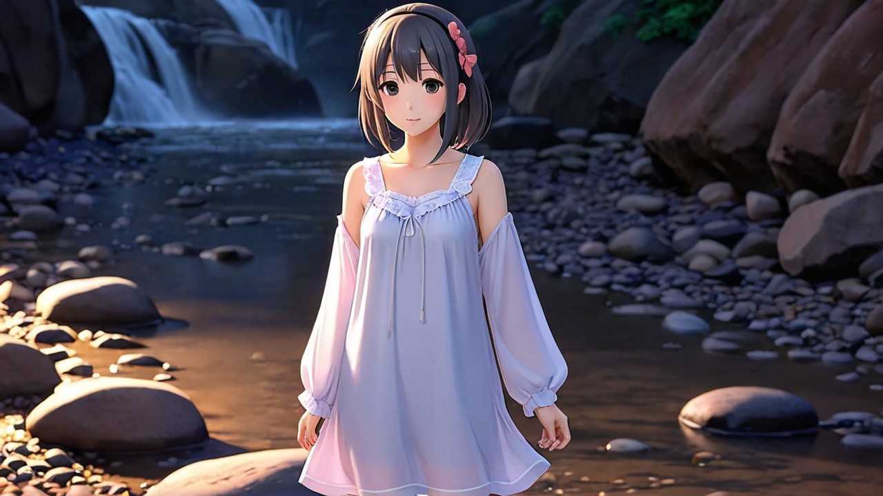 Young woman by tranquil stream with cascading waterfalls