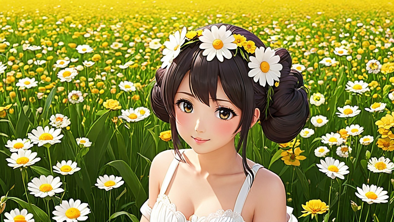Young Woman in Floral Field with White Dress