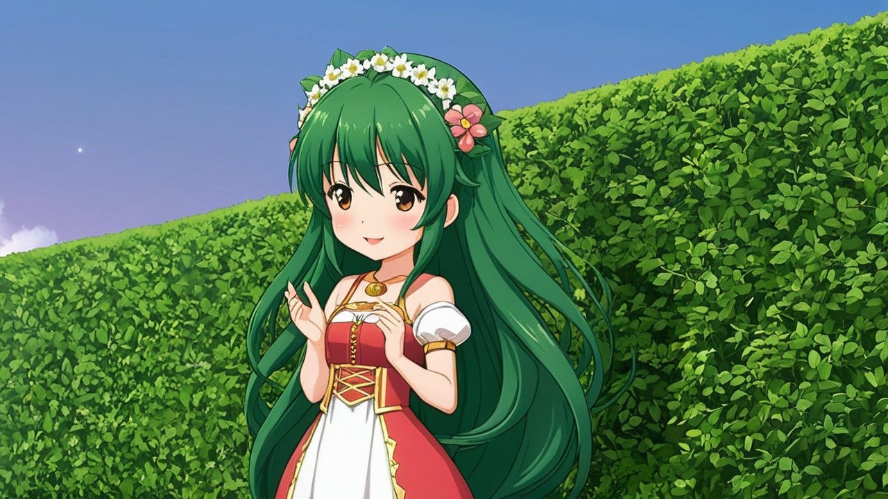 Cheerful anime girl with green hair and flowers