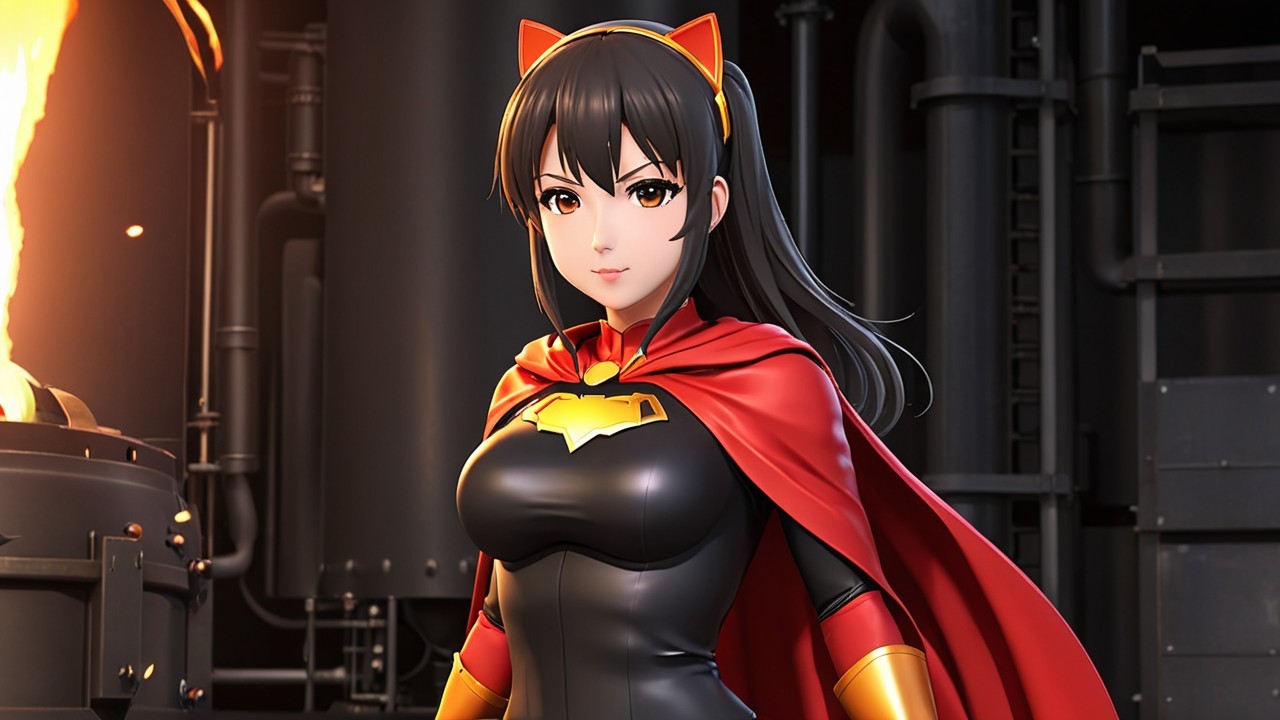 Confident Female Superhero in Black and Gold Suit