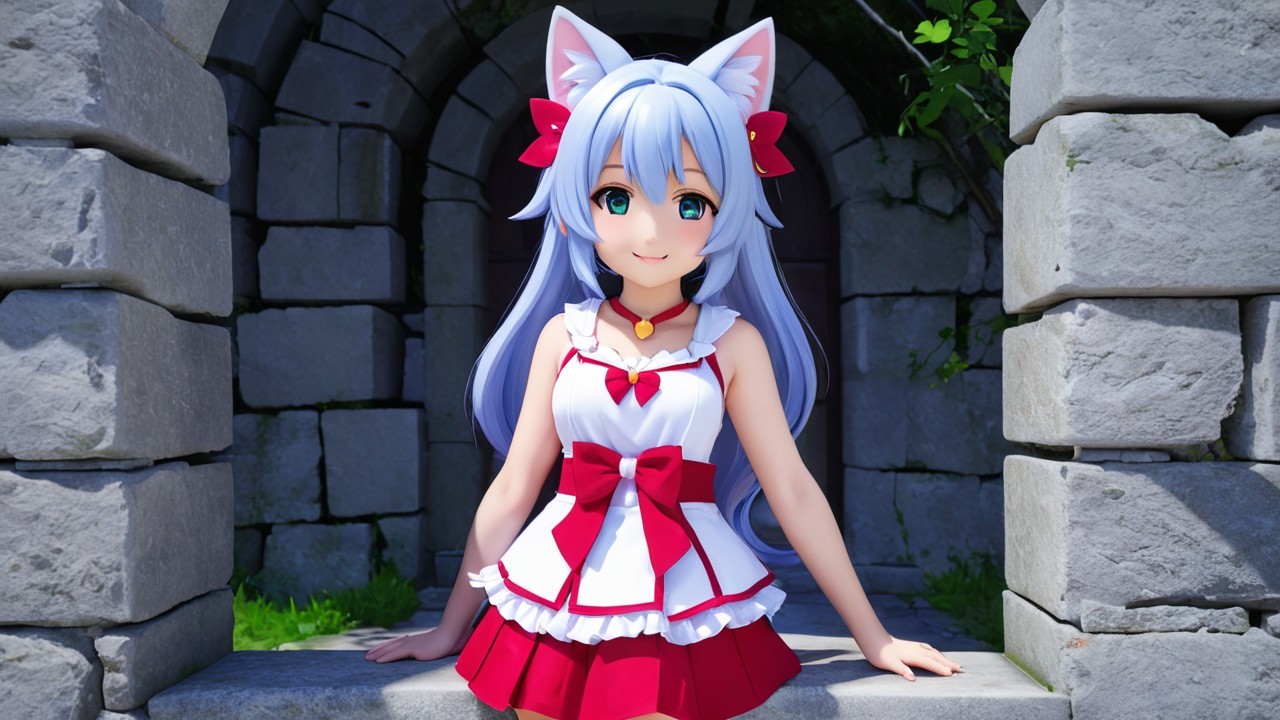 Charming Anime Character with Blue Hair and Cat Ears