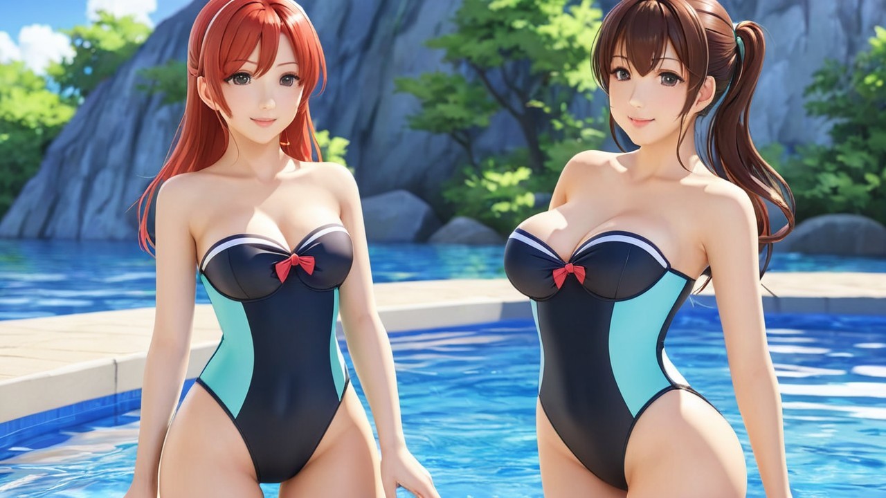 Animated Characters by Pool in Stylish Swimwear