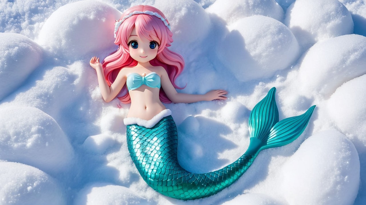 Mermaid Doll with Pink Hair in Snowy Winter Scene
