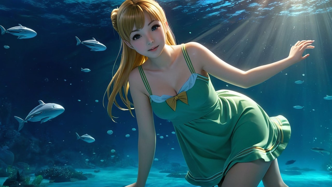 Young Woman in Green Dress Submerged Underwater
