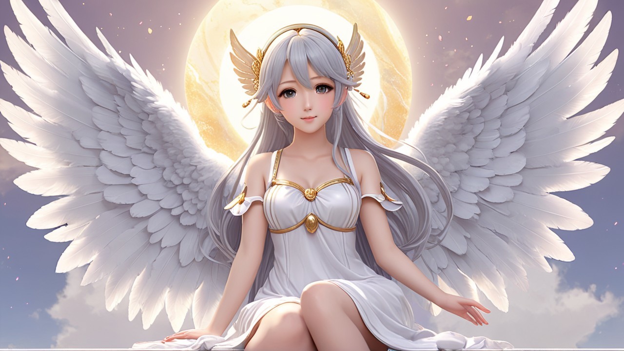 Ethereal figure with silver hair and white wings