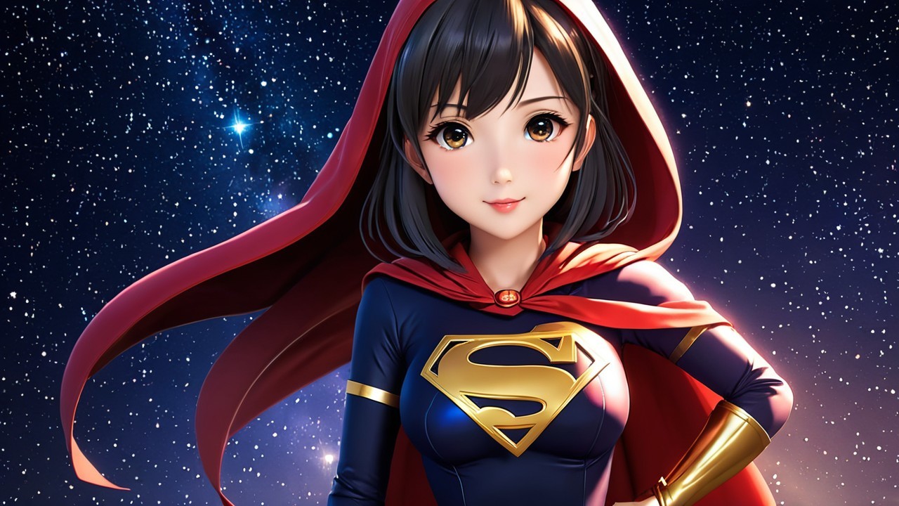 Young female superhero in cosmic setting with cape