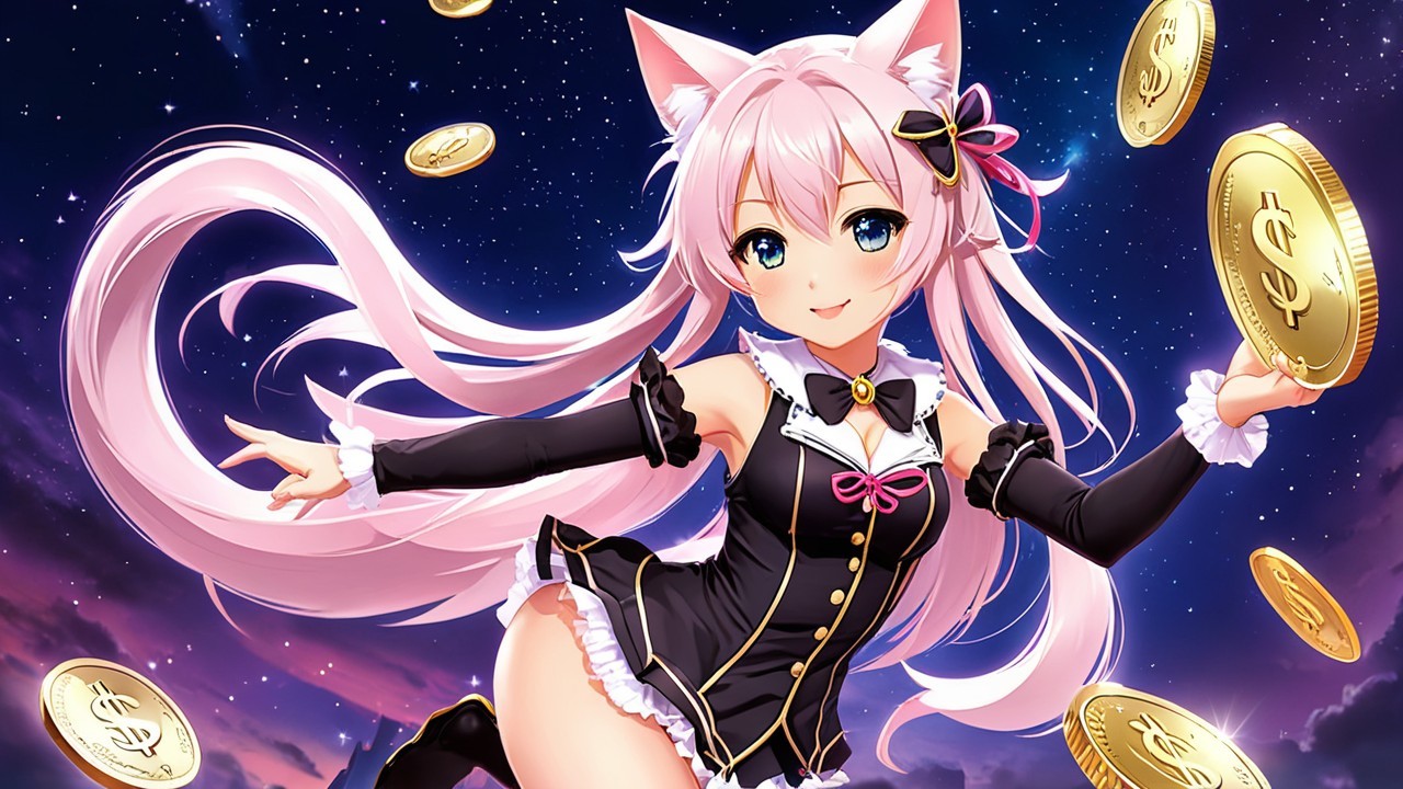 Cheerful anime character with pink hair and cat ears