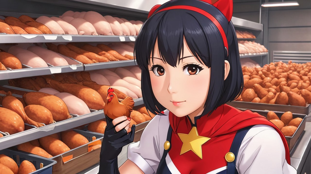 Young Girl with Chicken in Vibrant Bakery Setting