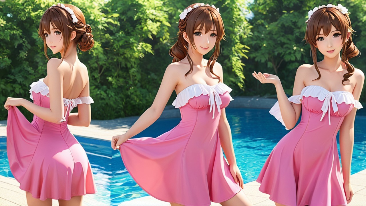 Young woman in pink dress by a pool with greenery