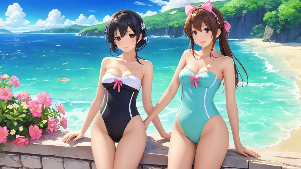 Animated Women at a Scenic Beach with Flowers