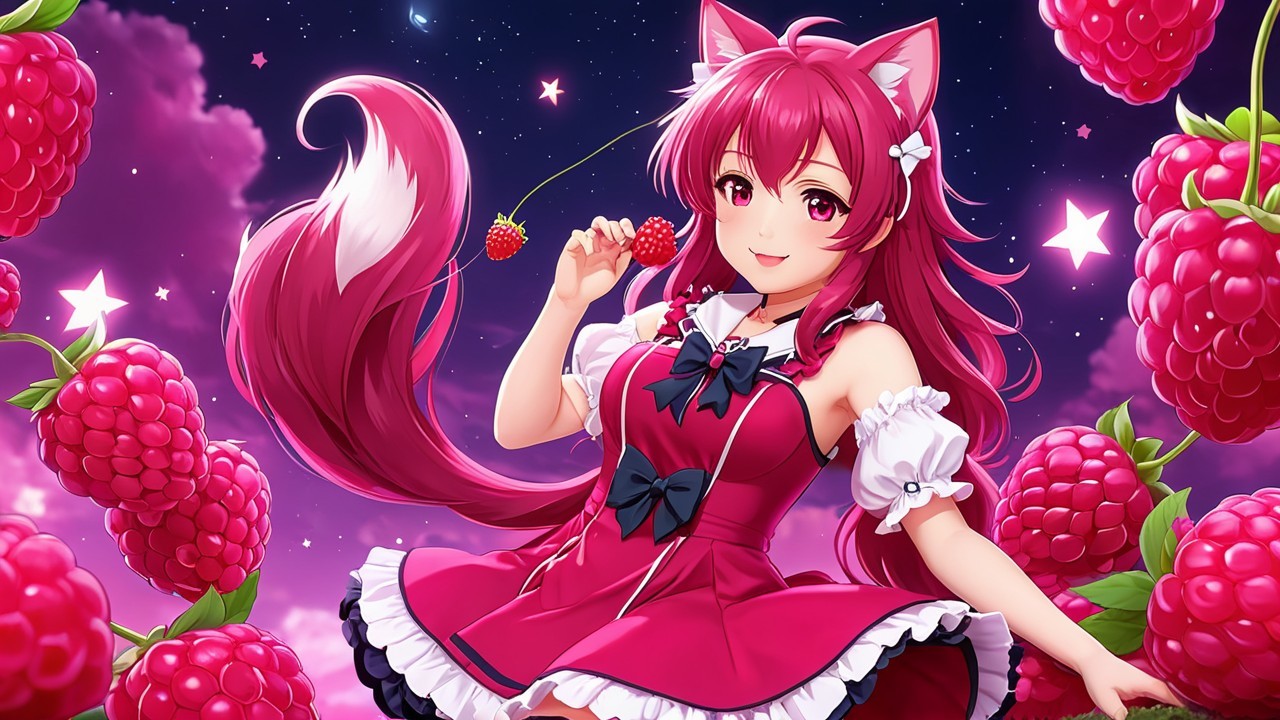 Cheerful anime girl in whimsical raspberry setting