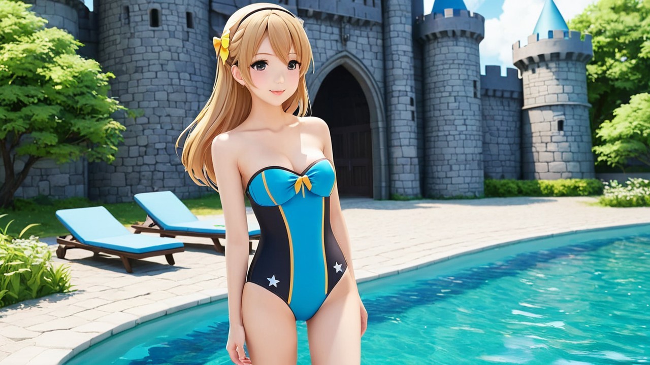 Cheerful Character by Pool with Castle Background