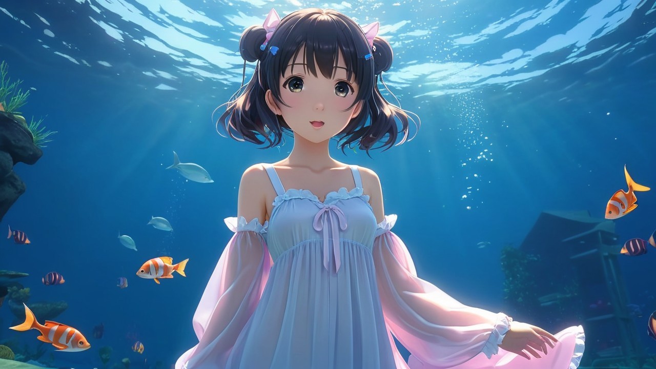 Young girl underwater with colorful fish and sunlight