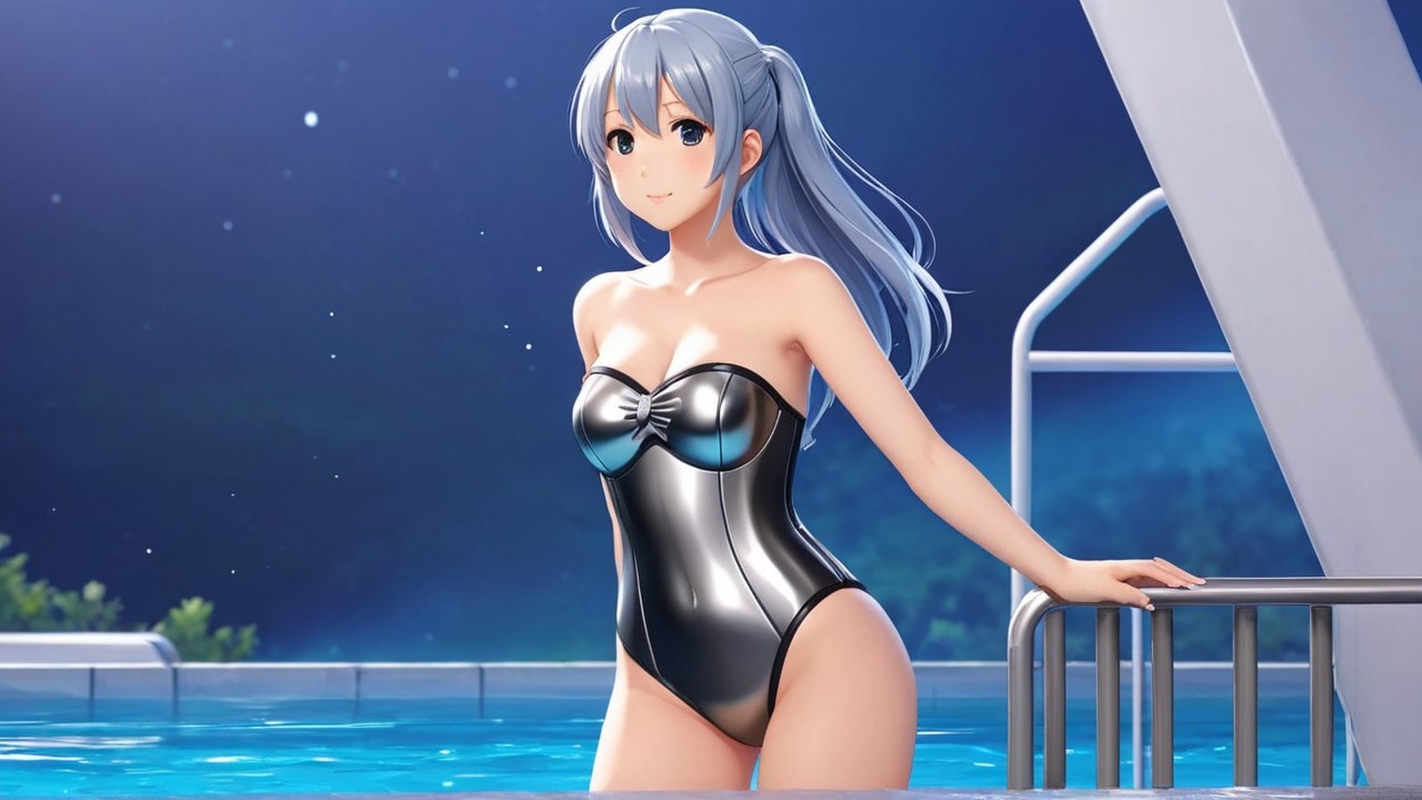 Character with Light Blue Hair by Pool at Night