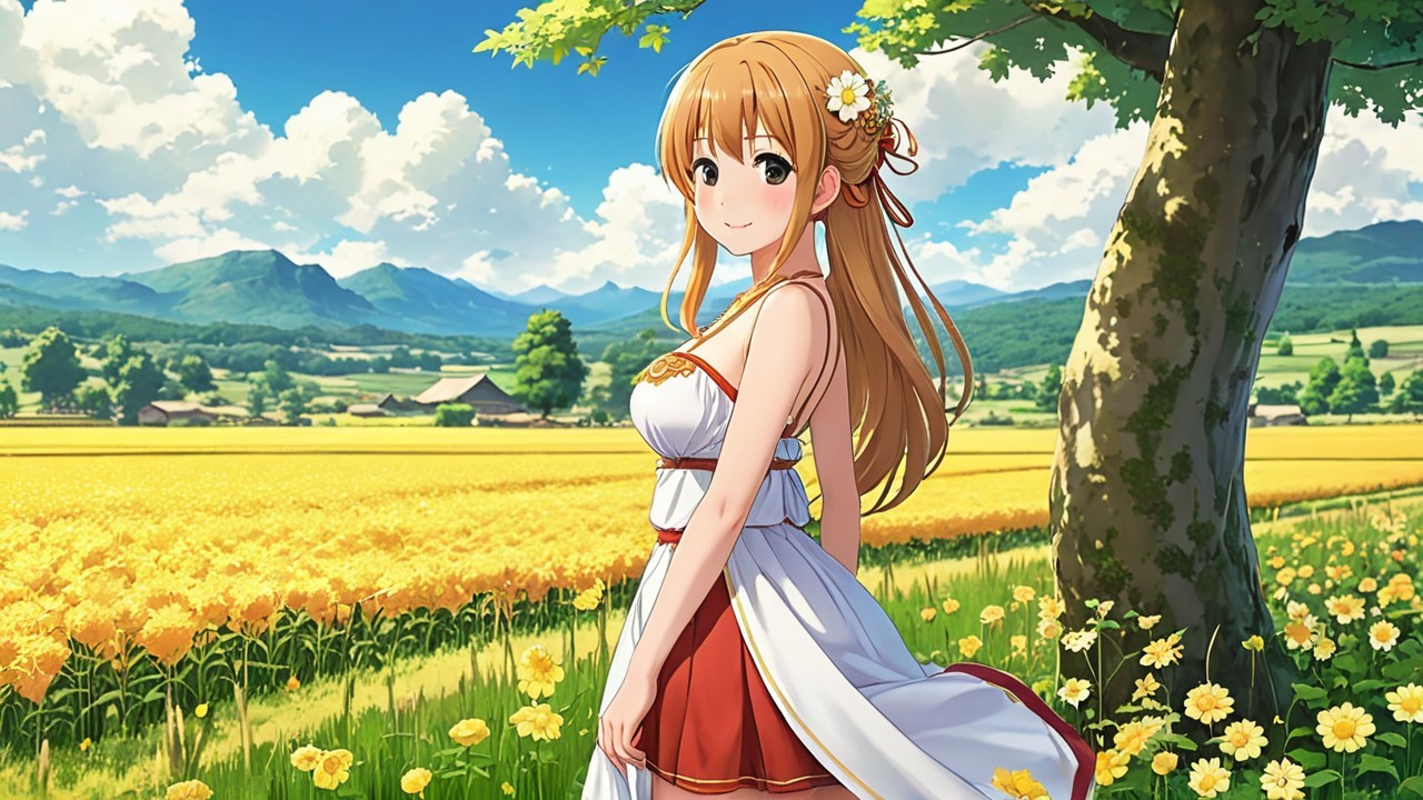 Young woman in flower field with hills and mountains