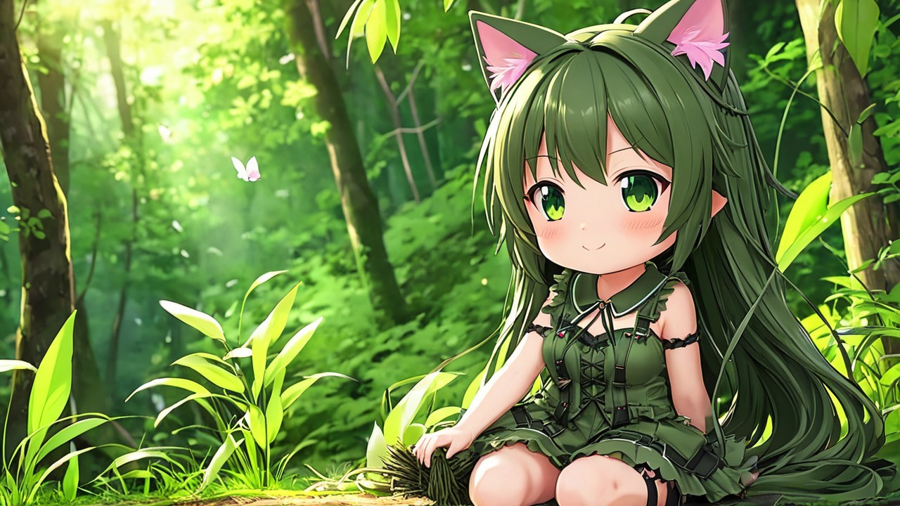 Animated character with green hair in a forest setting