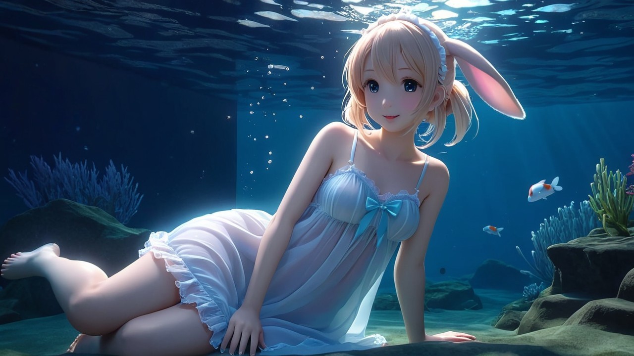 Whimsical Underwater Scene with Bunny-Eared Character