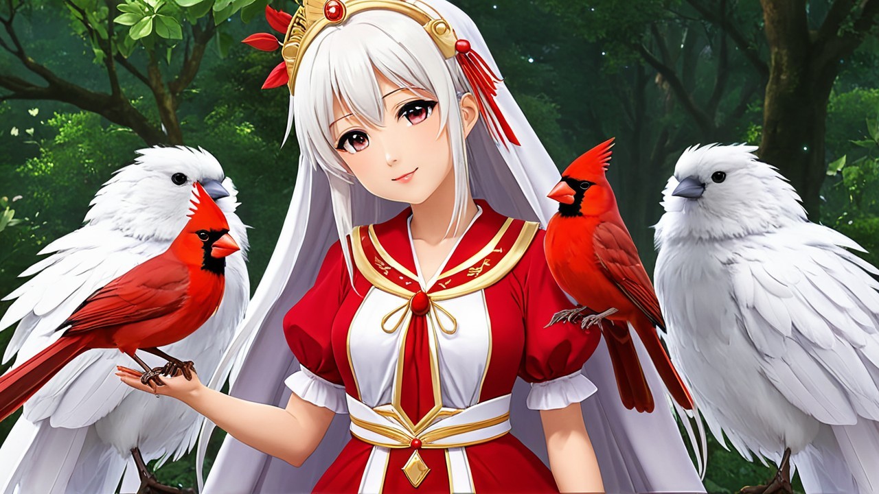 Young Woman in Regal Outfit Surrounded by Birds
