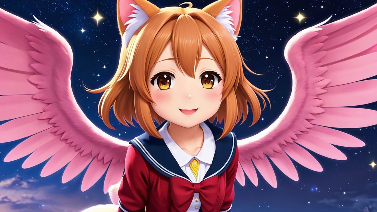Cheerful anime character with fox ears and wings