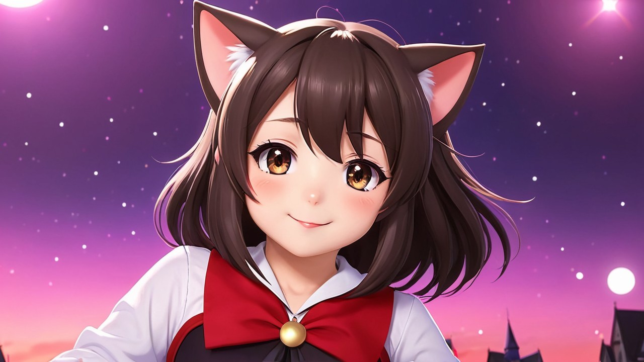 Cheerful anime character with cat ears at sunset