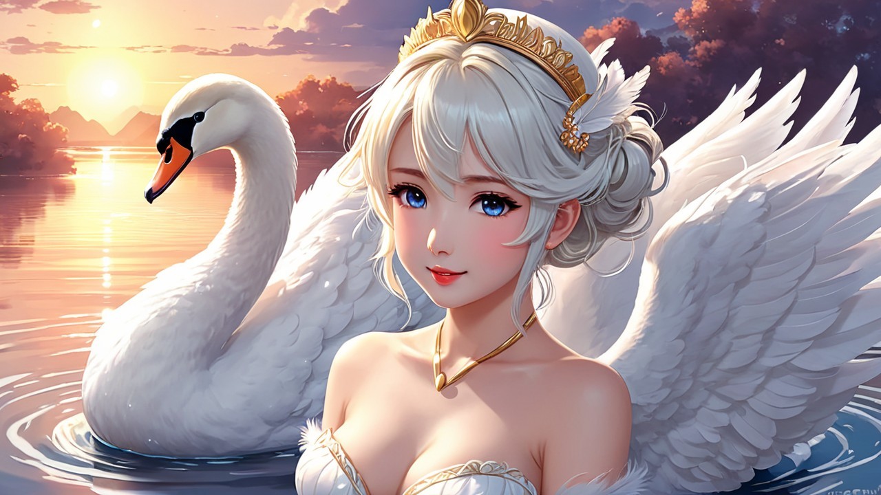 Beautiful woman with silver hair by a serene sunset