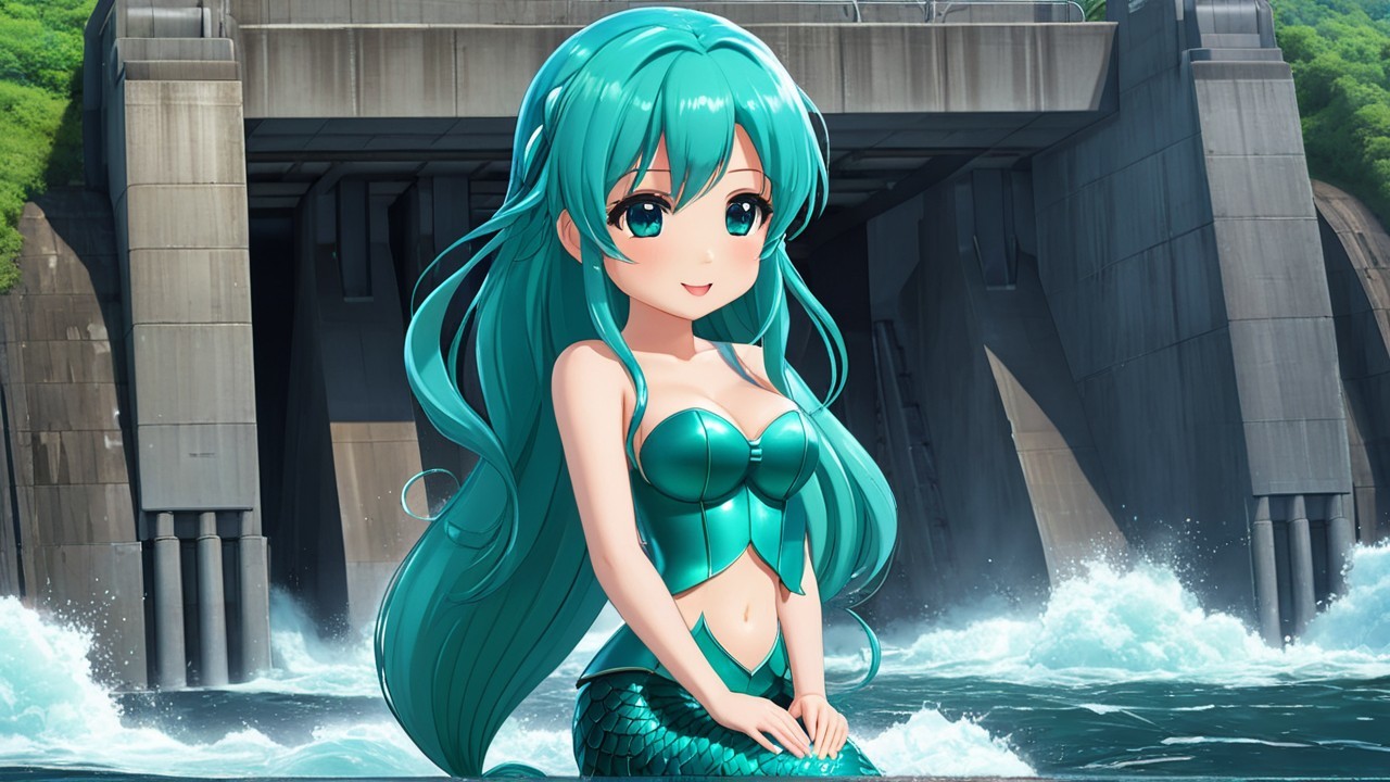Anime-style mermaid by a dam with teal hair