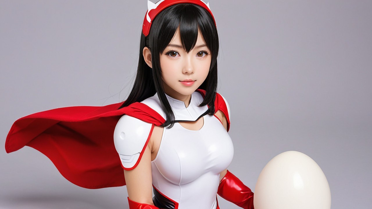 Young Woman in Vibrant Superhero Costume with Egg