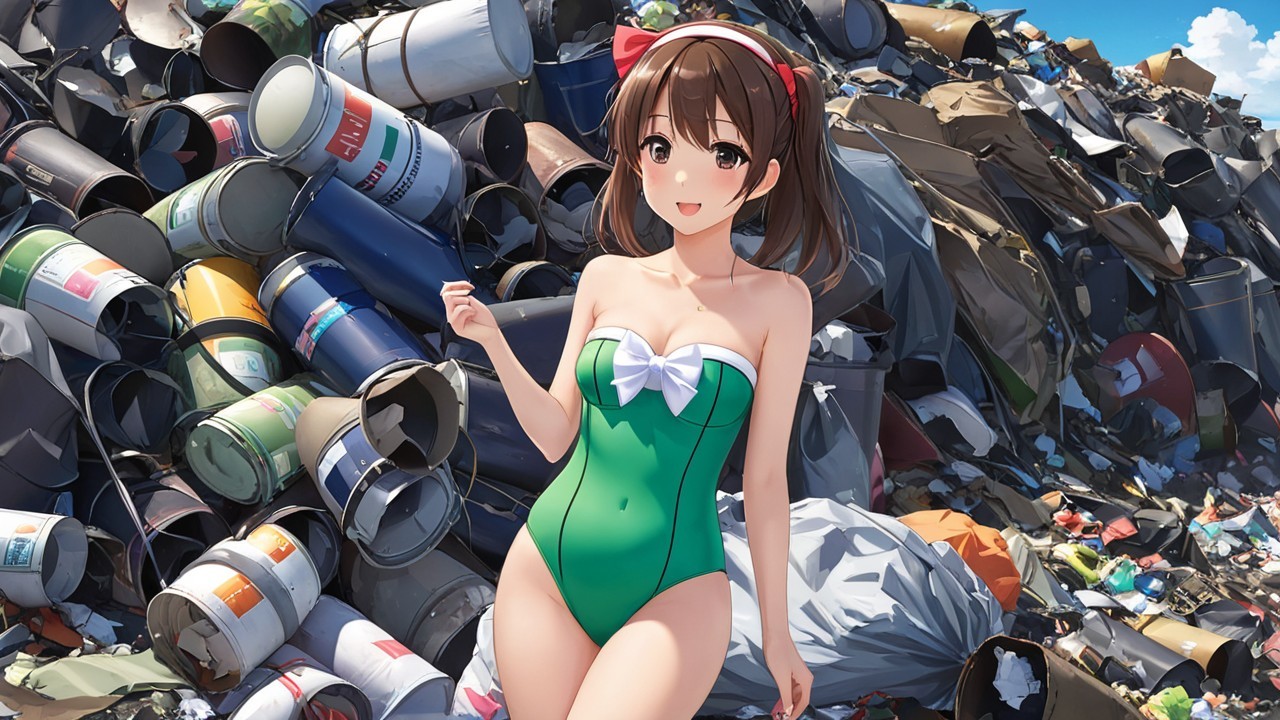 Anime Girl in Green Swimsuit Amidst Trash Pile