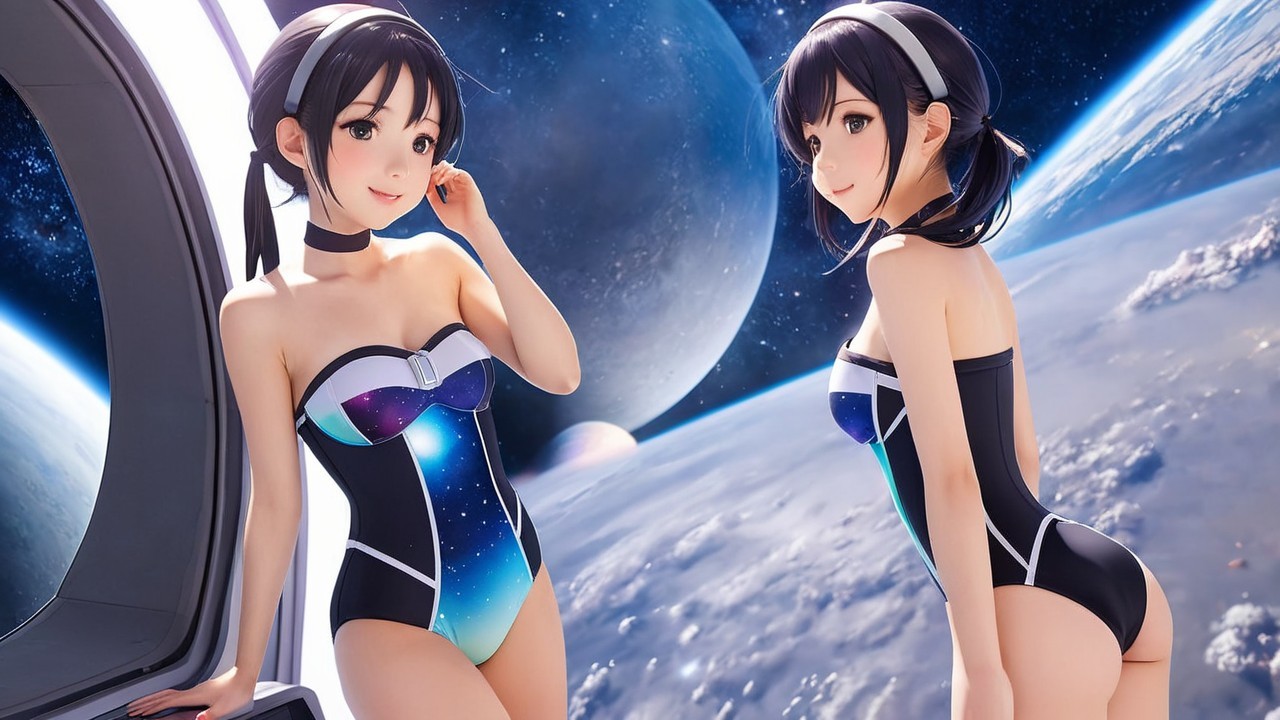 Animated Characters in Galaxy Swimsuits in Space