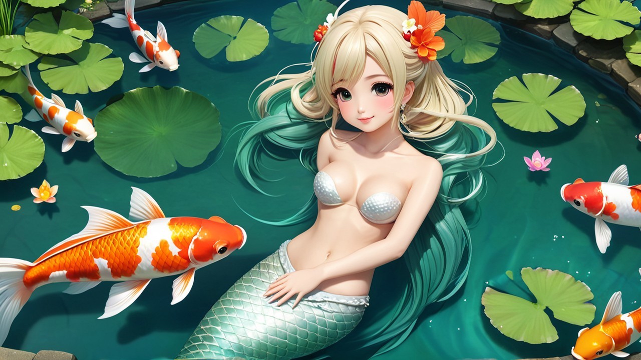 Charming Koi Pond with a Magical Mermaid