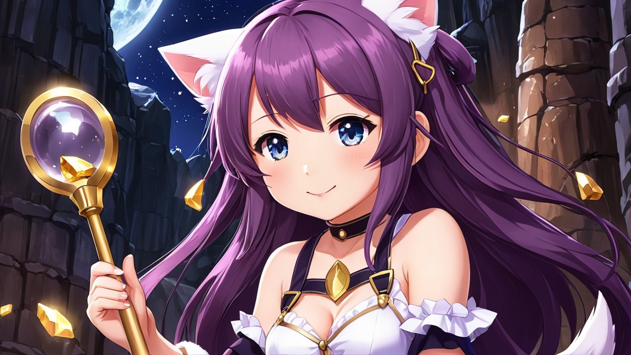 Charming Character with Cat Ears in Mystical Night Scene