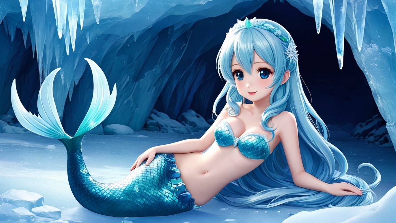 Whimsical Mermaid in Enchanting Ice Cave Setting