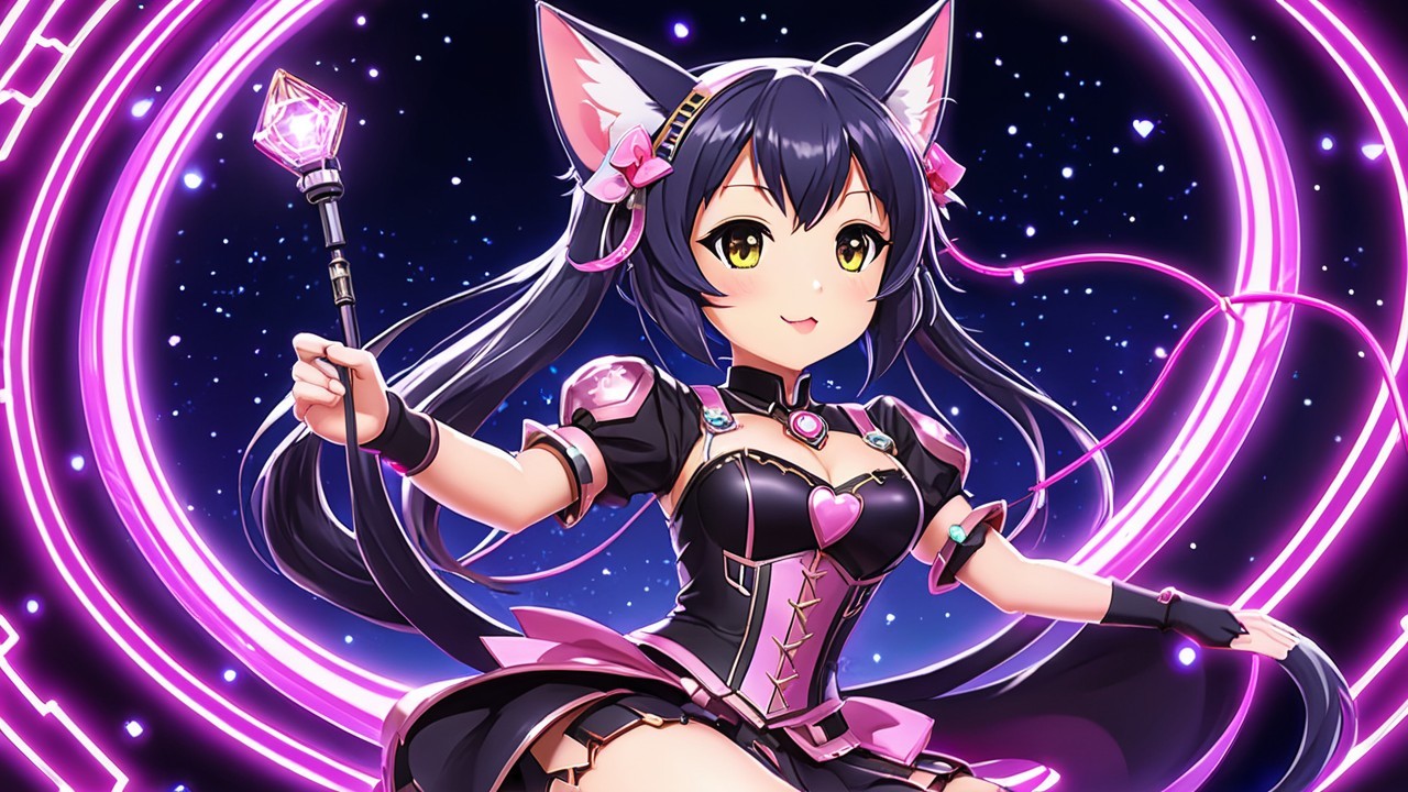 Cute anime character with cat features in magical pose