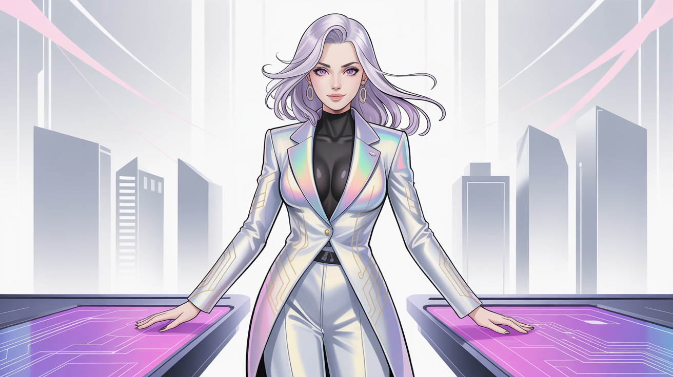 Elegant Woman in Anime-Style Futuristic Cityscape