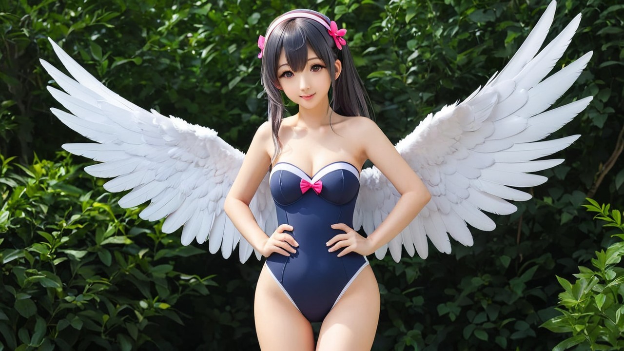 Character in Navy Swimsuit with Wings in Greenery