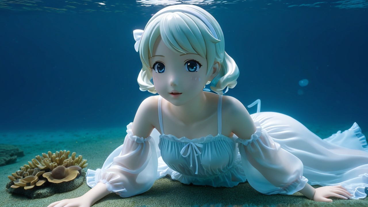 Lifelike underwater figure of a girl in white dress
