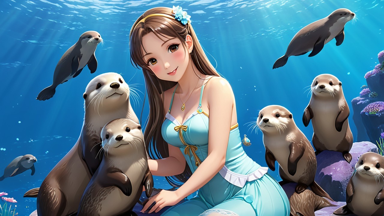 Young Woman and Playful Otters in Underwater Scene