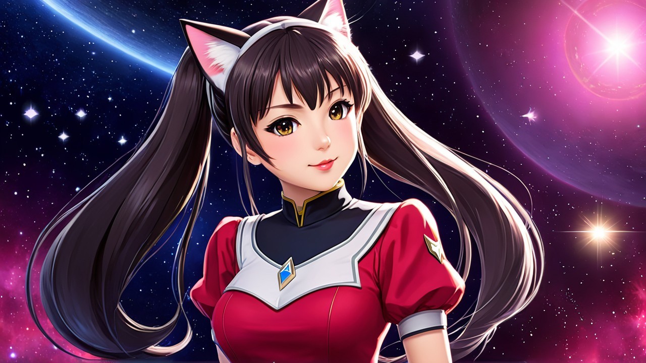 Young woman with cat ears in cosmic setting