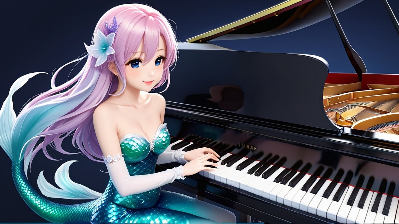 Mermaid with Pink Hair Playing Grand Piano Elegantly