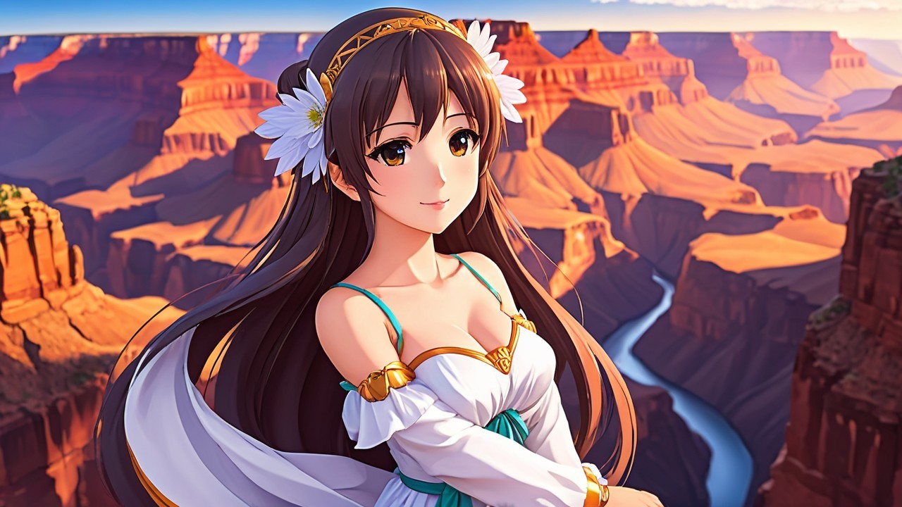 Anime Character by Canyon at Sunset with Flowers