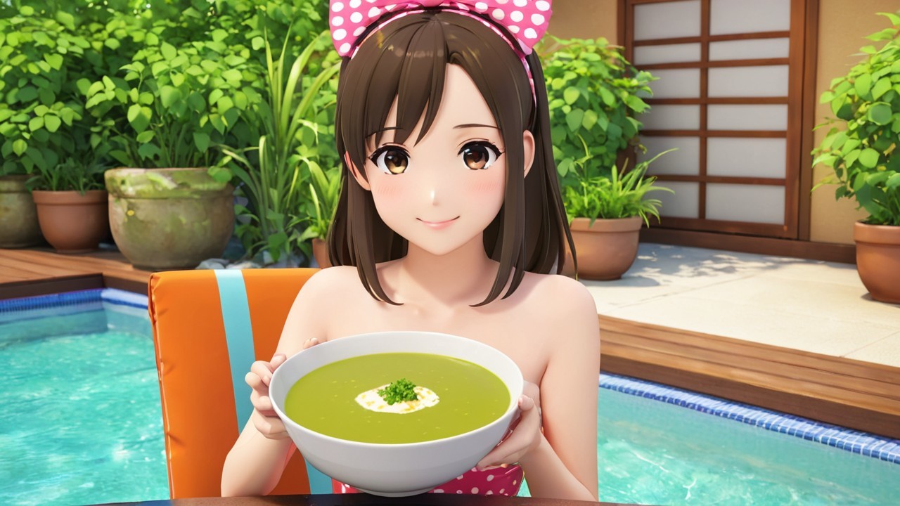 Young Woman Enjoying Green Soup by Turquoise Poolside