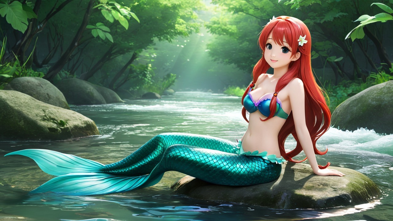 Vibrant Mermaid on Rock in Tranquil Stream Setting