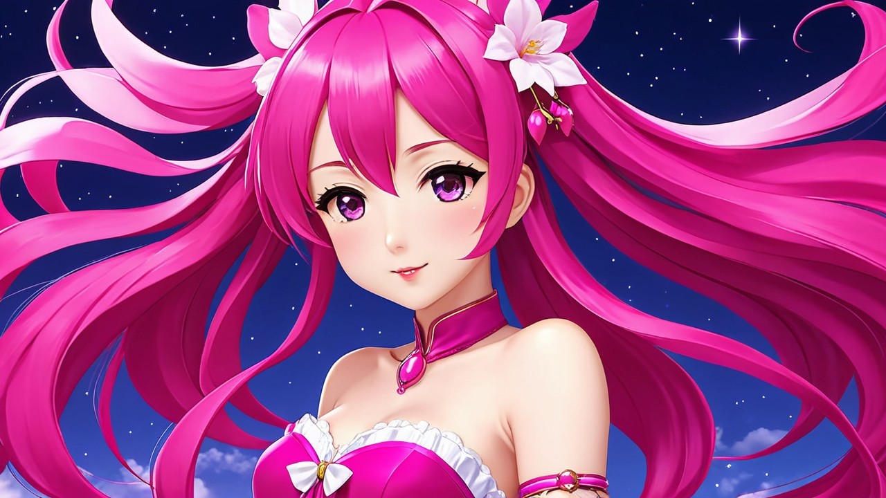 Vibrant character with pink hair and starry night sky
